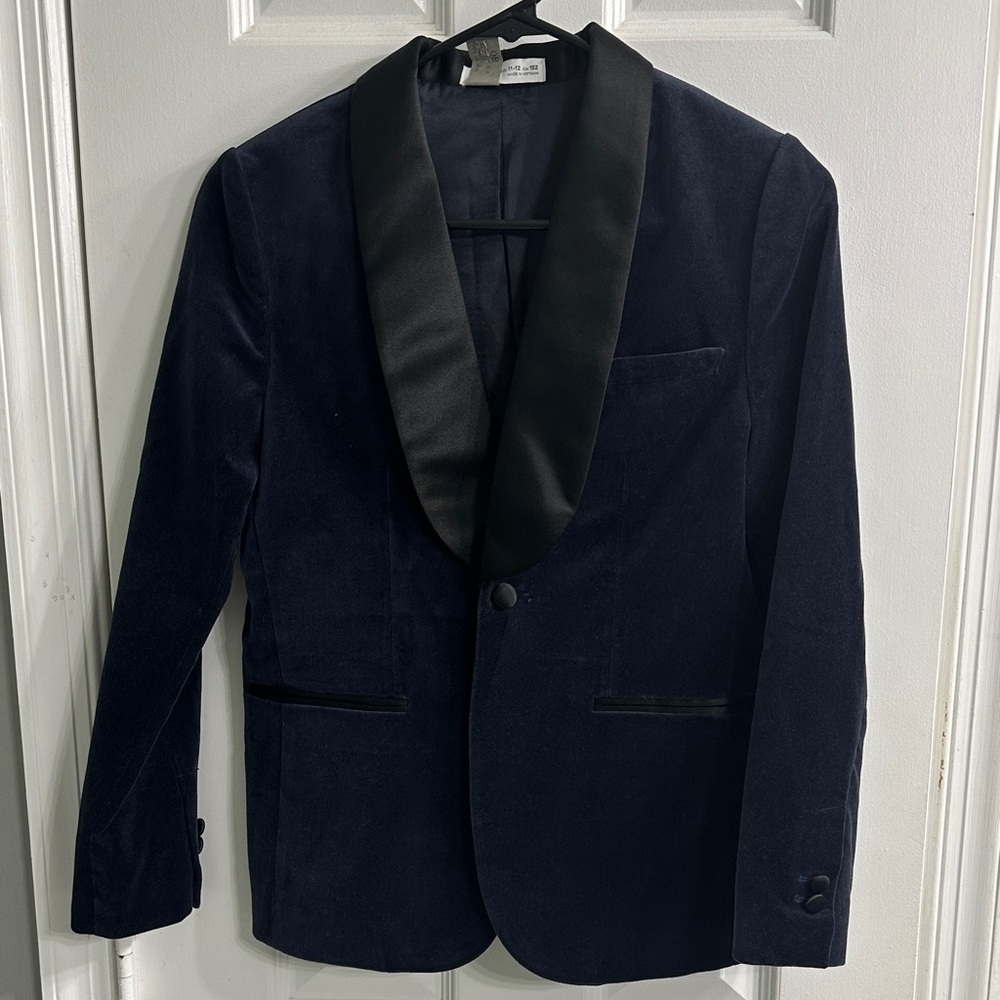 Boys Navy Velvet Blazer with Black Satin Lapel